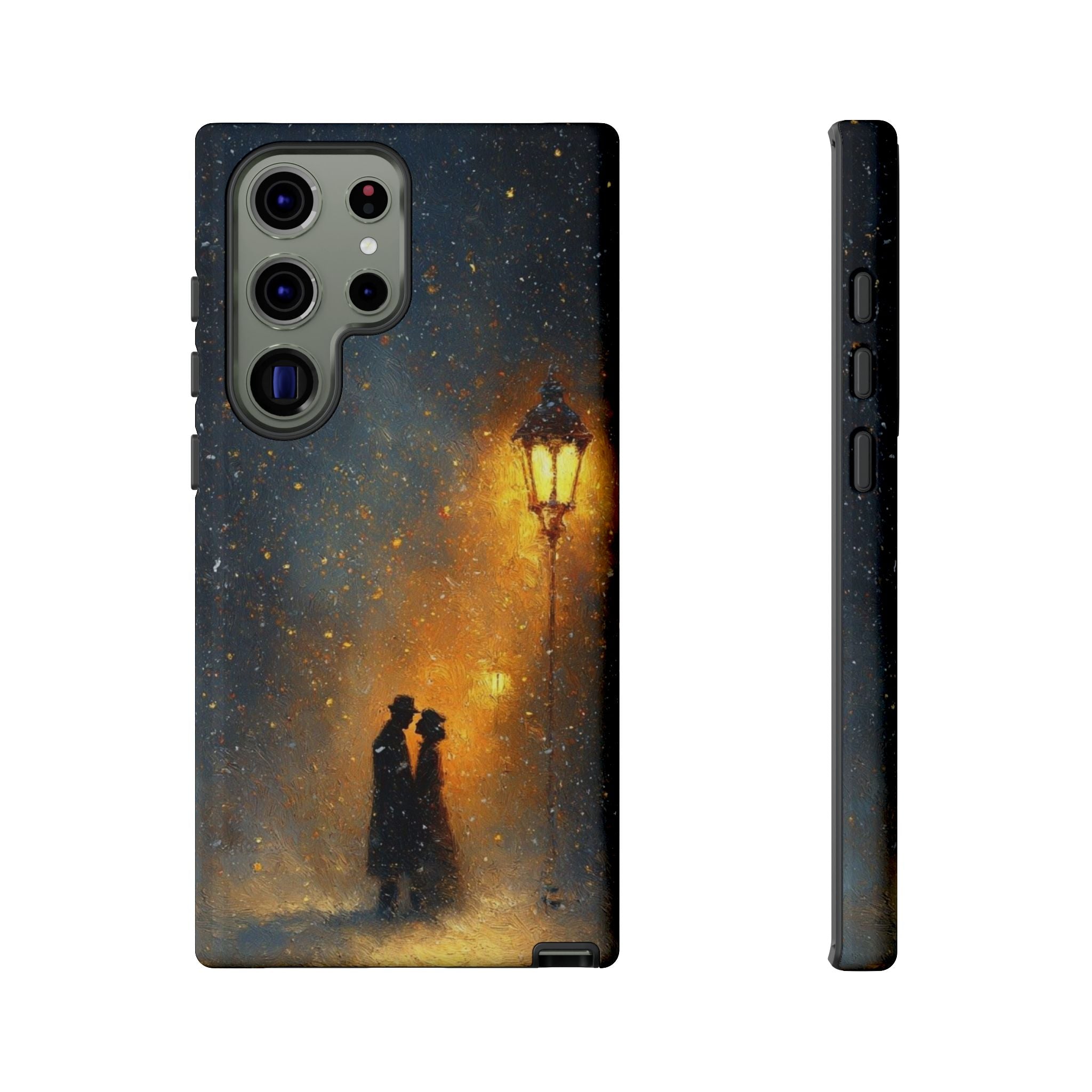 Romantic Snowy Street Phone Case — Vintage Couple Under Lamplight🌓🌙