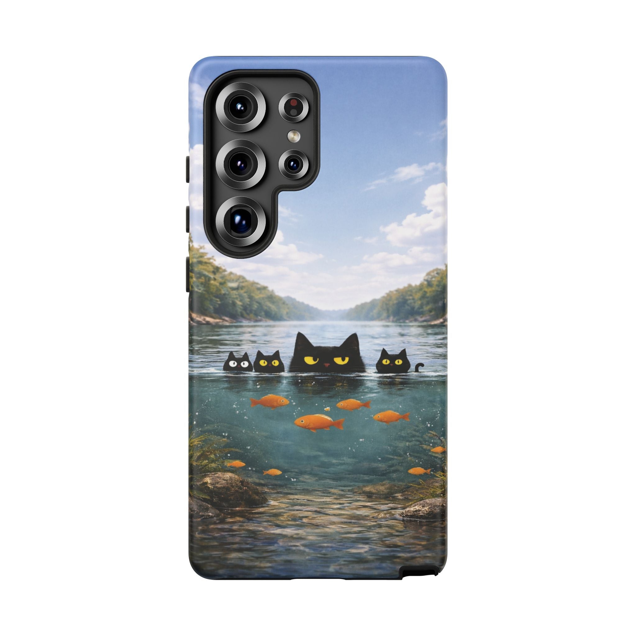 Cat Lake Tough Phone Case — Black Cats & Goldfish Scenic Protective Cover🐶🐾