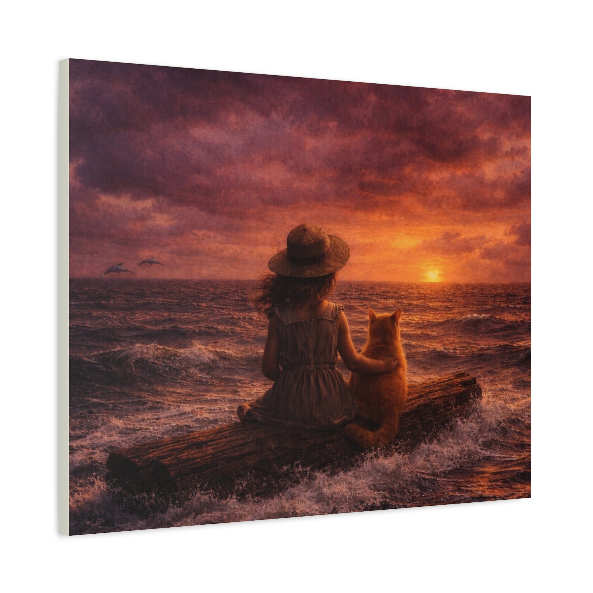 Quiet Companionship at Sunset – Girl & Cat Canvas Wall Art (Matte Stretched) 🌅