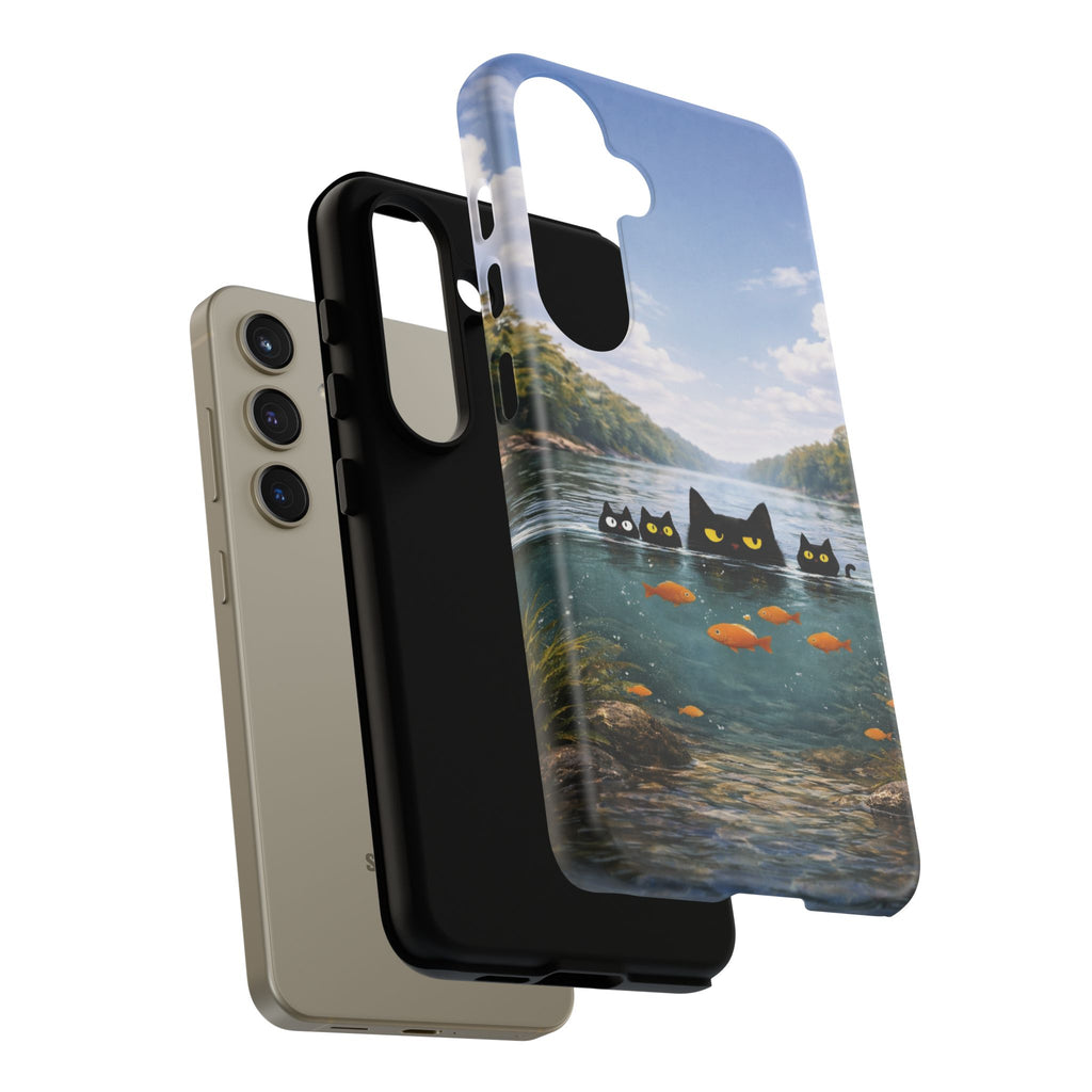 Cat Lake Tough Phone Case — Black Cats & Goldfish Scenic Protective Cover🐶🐾