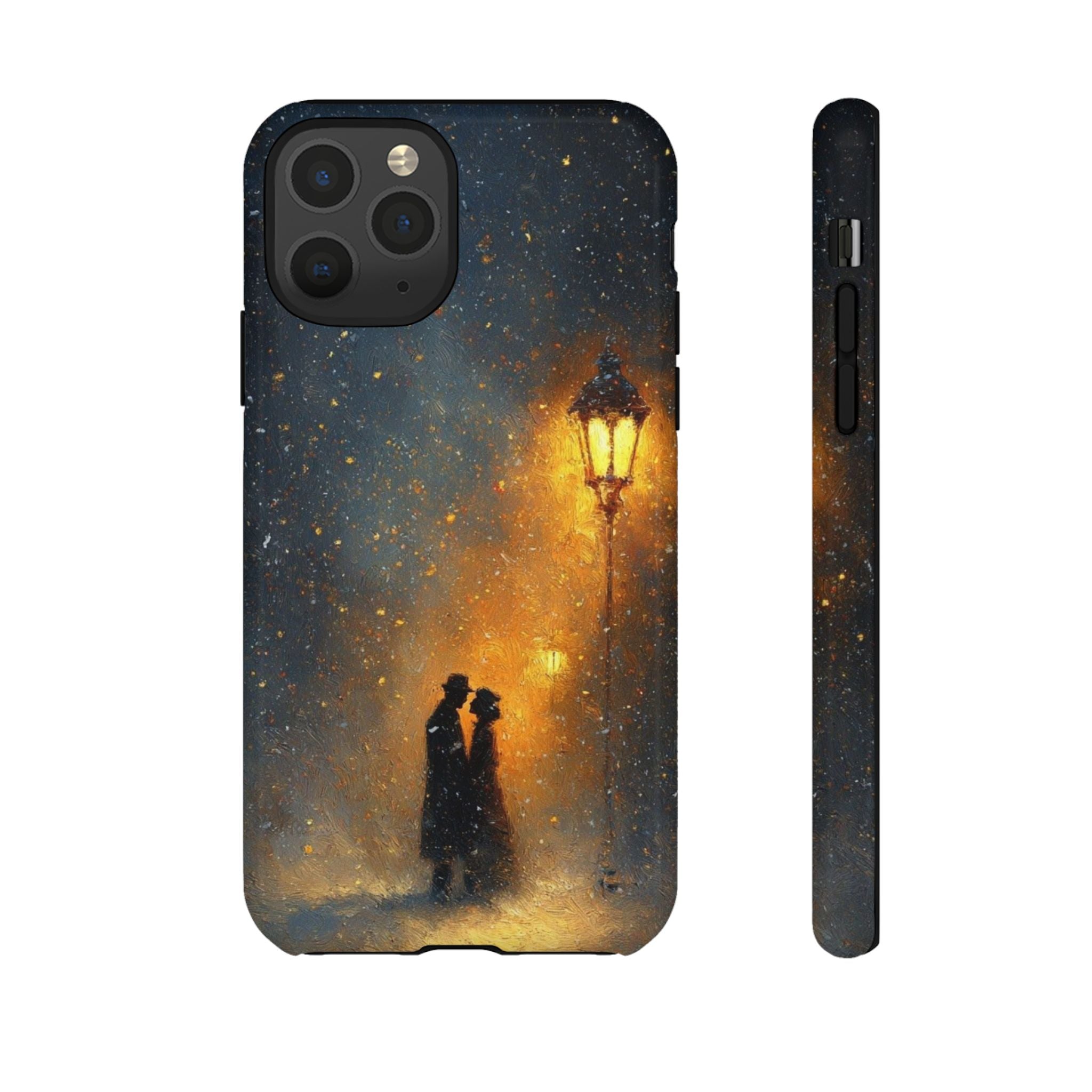 Romantic Snowy Street Phone Case — Vintage Couple Under Lamplight🌓🌙