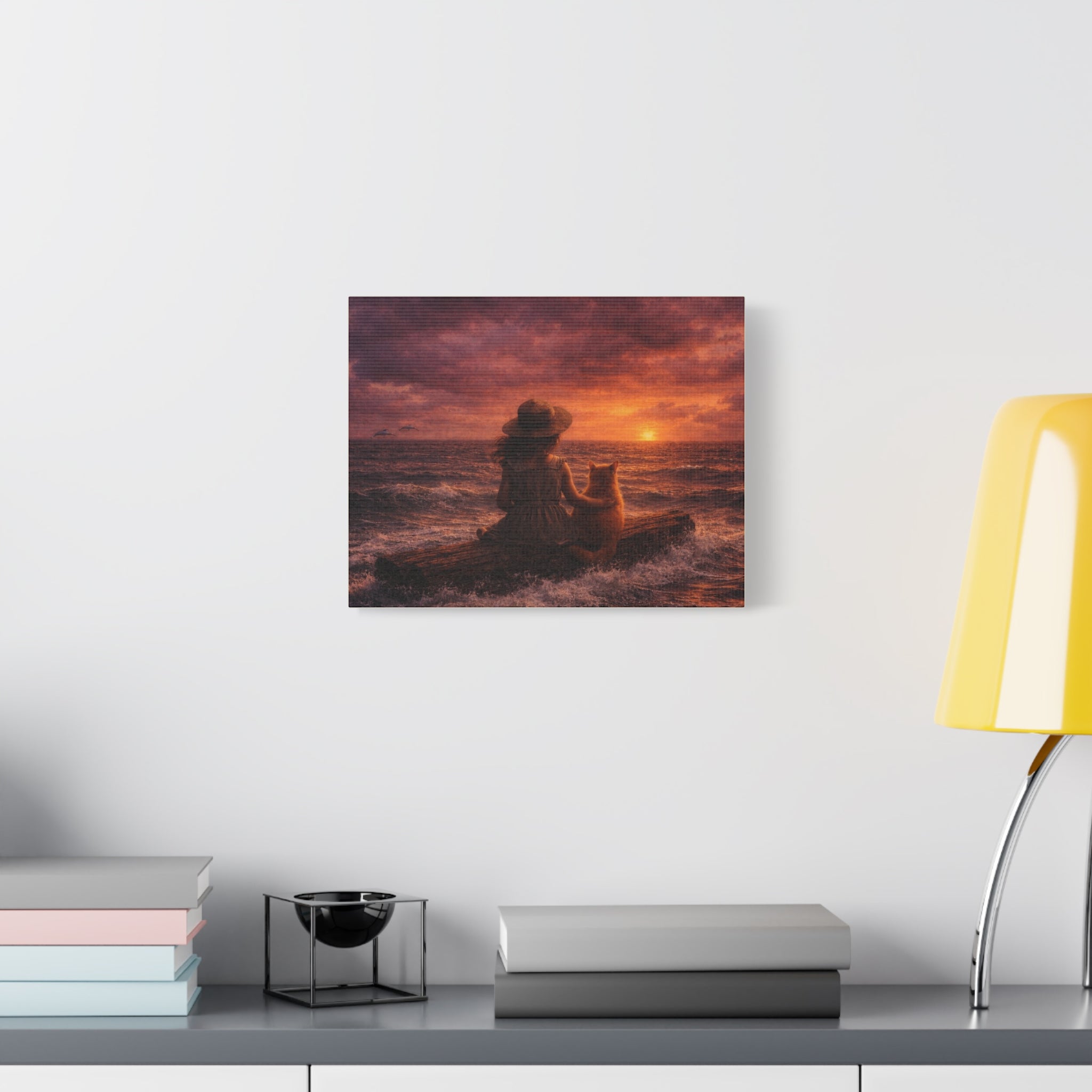 Quiet Companionship at Sunset – Girl & Cat Canvas Wall Art (Matte Stretched) 🌅