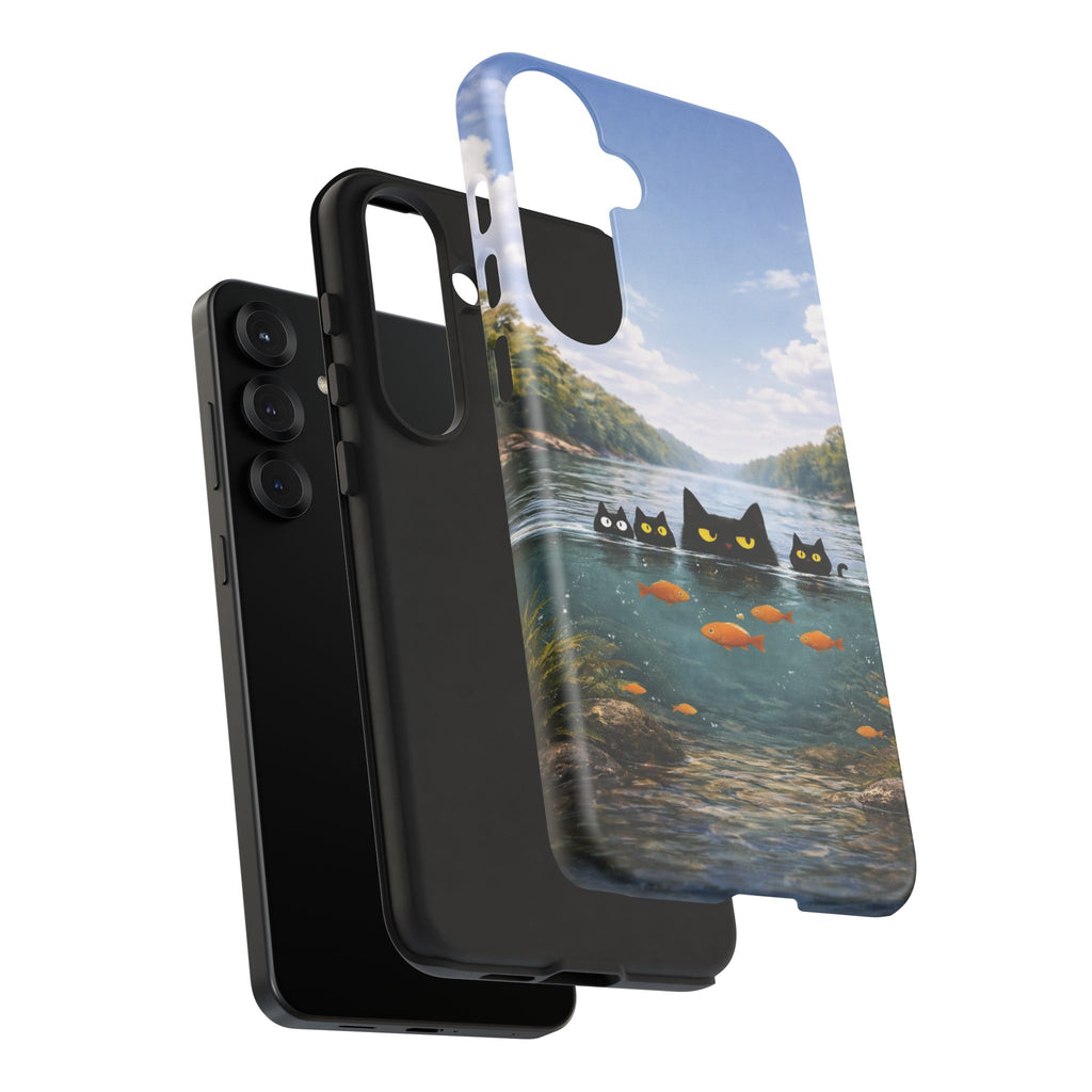 Cat Lake Tough Phone Case — Black Cats & Goldfish Scenic Protective Cover🐶🐾