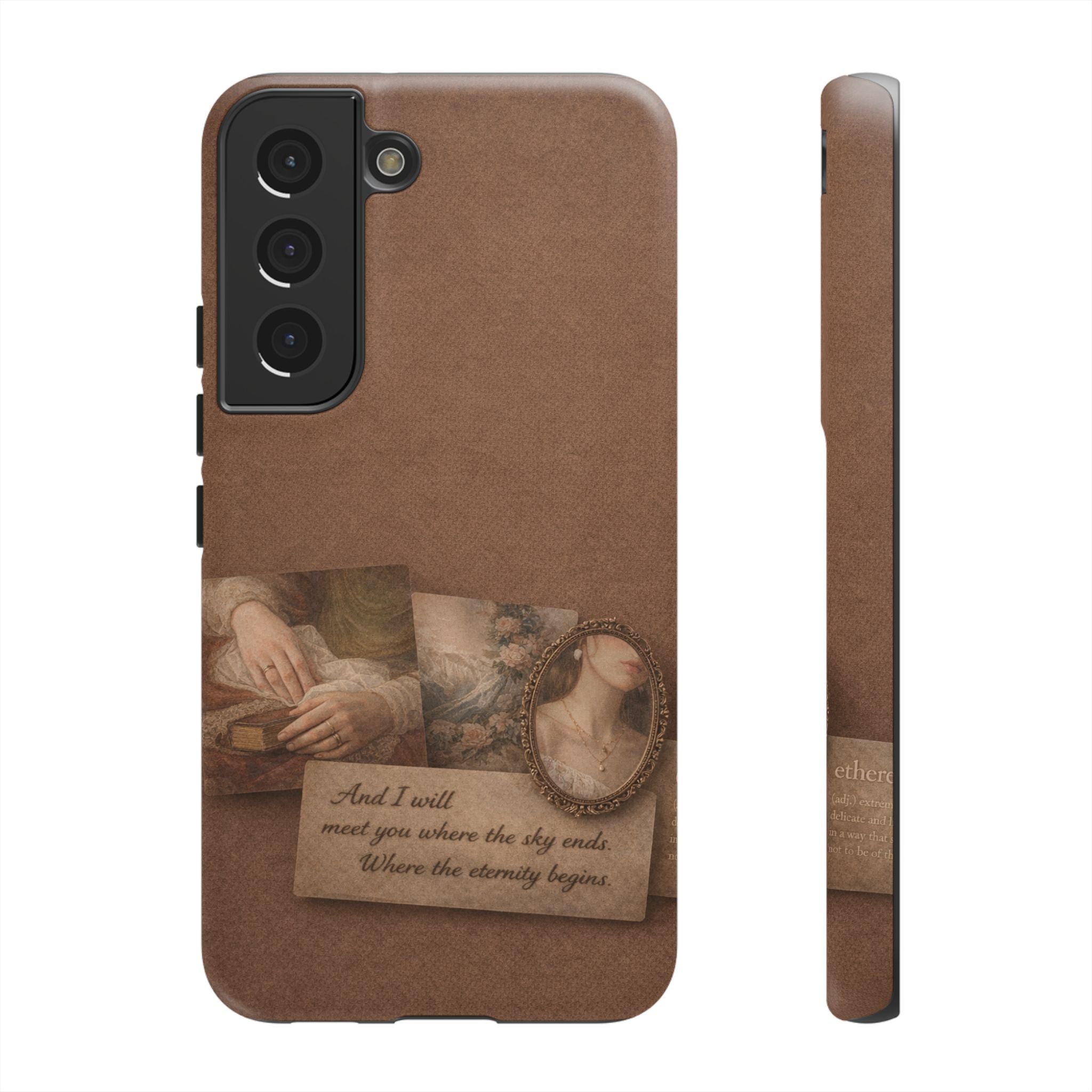 Vintage Brown Phone Case with Romantic Collage — "And I saw you where the sky ends"🌙