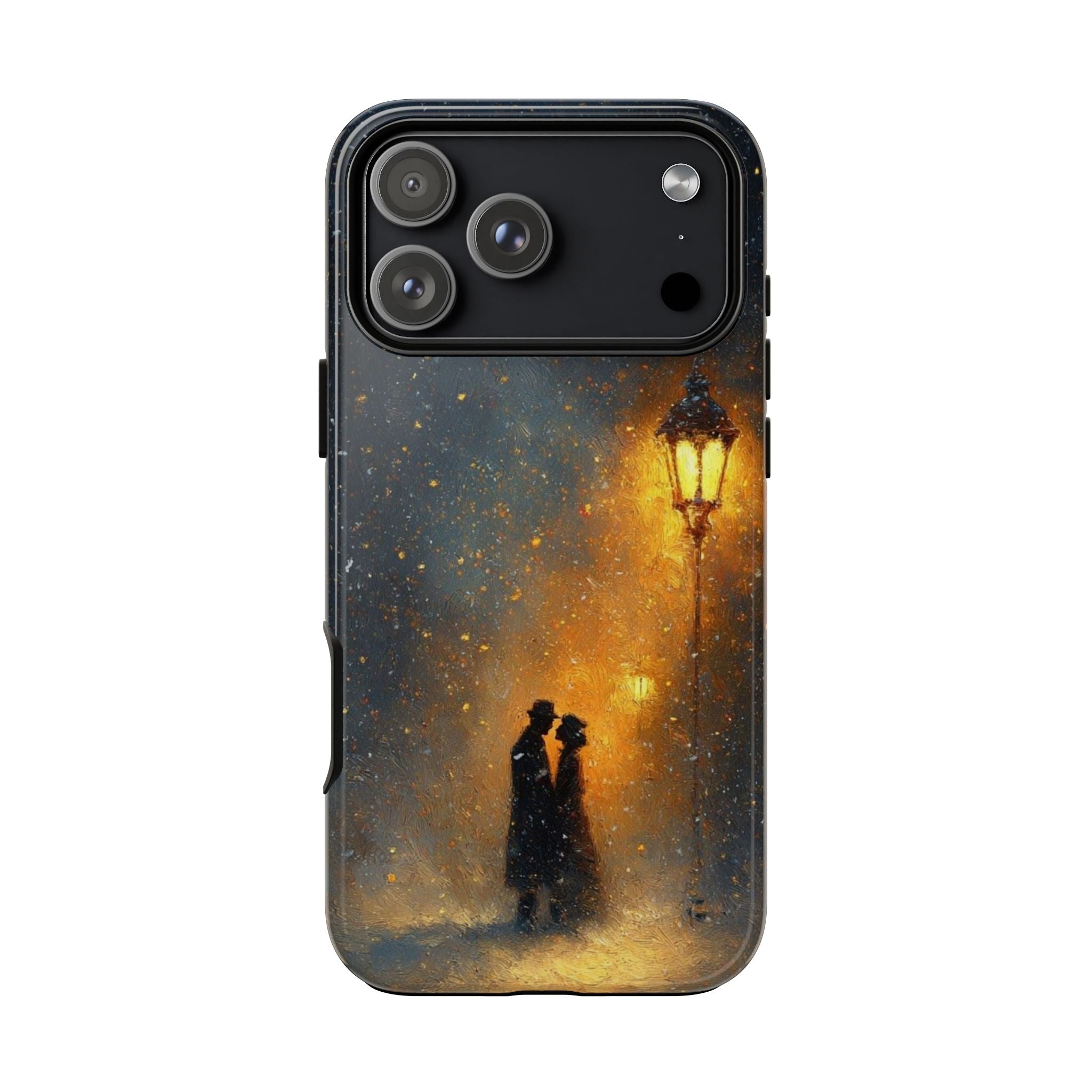 Romantic Snowy Street Phone Case — Vintage Couple Under Lamplight🌓🌙