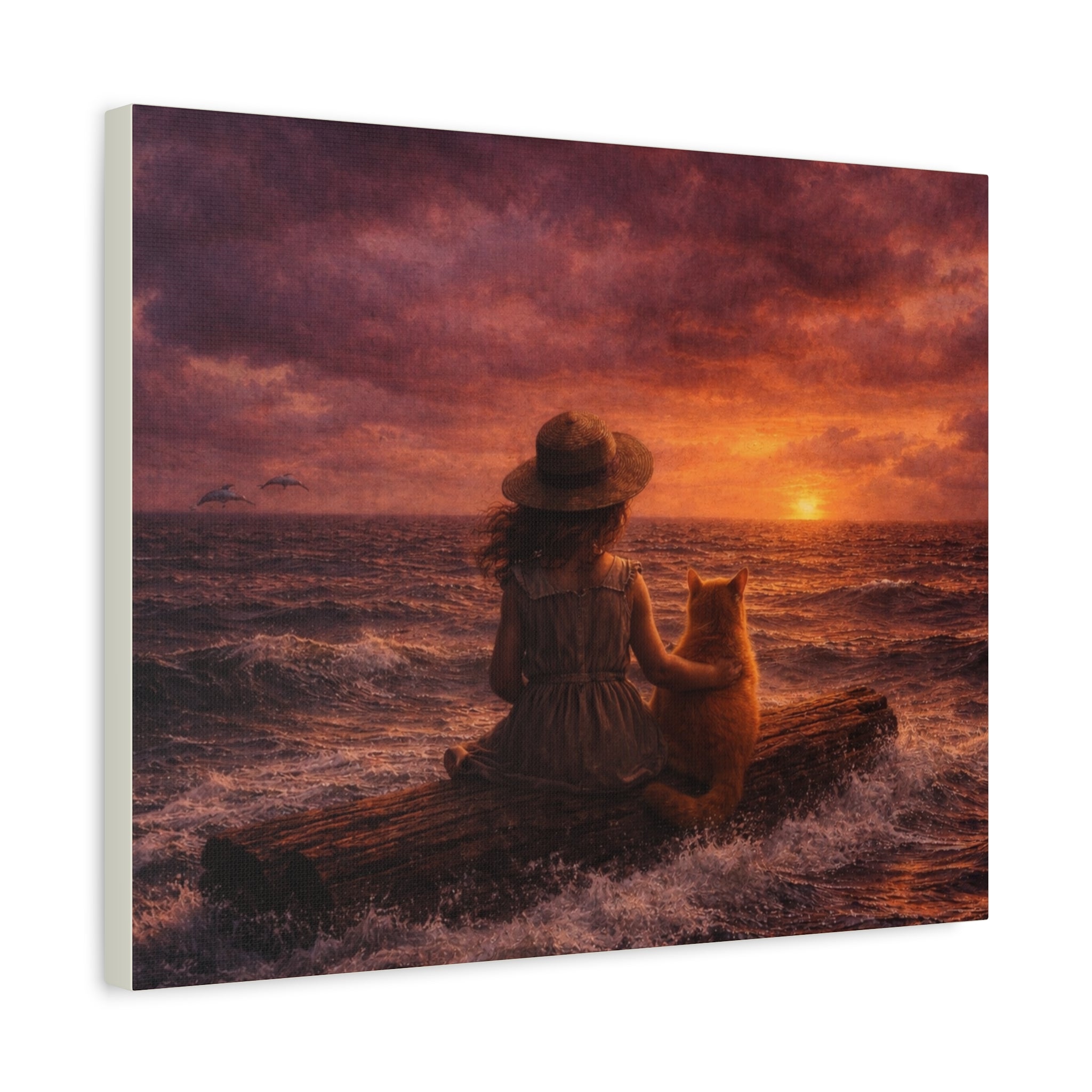 Quiet Companionship at Sunset – Girl & Cat Canvas Wall Art (Matte Stretched) 🌅
