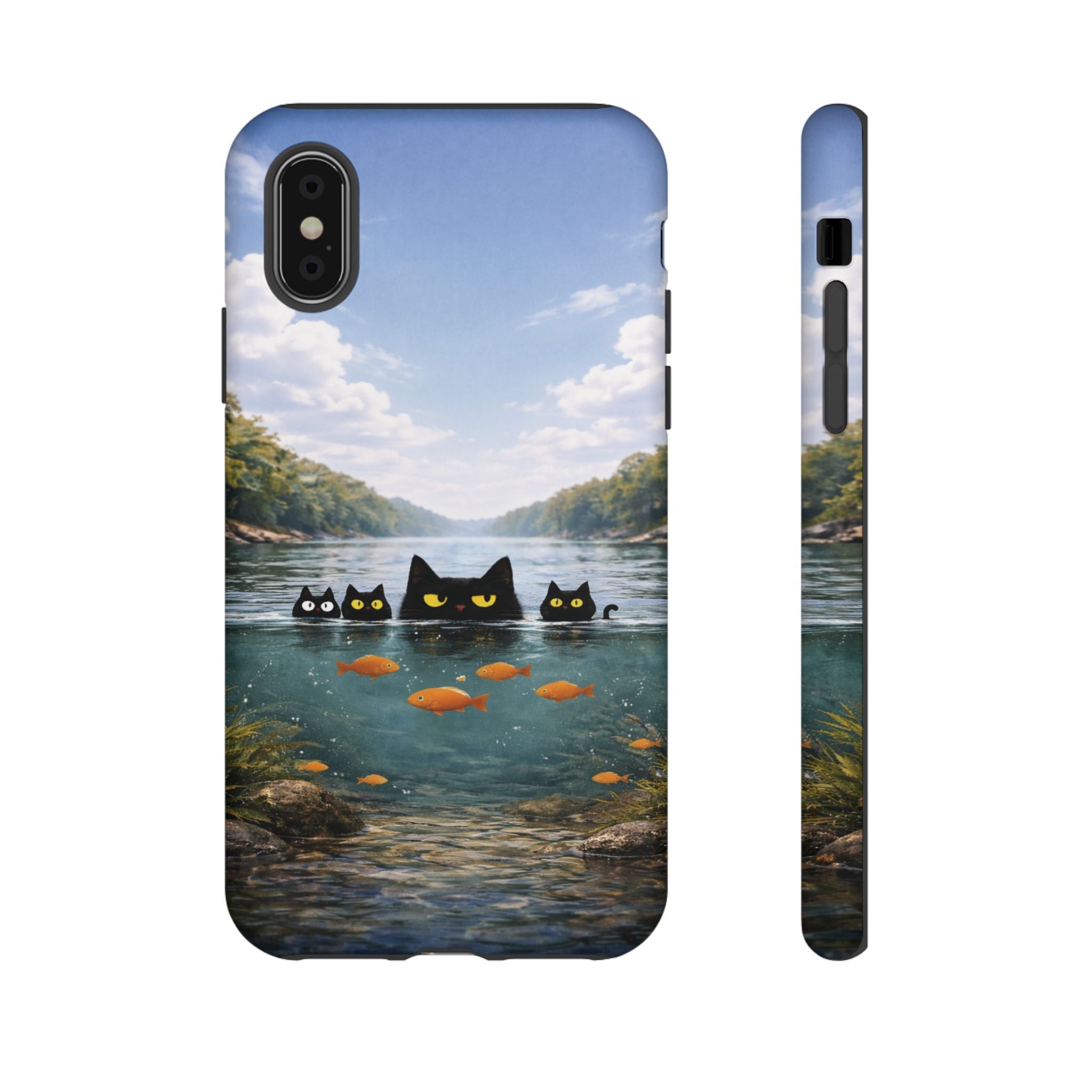 Cat Lake Tough Phone Case — Black Cats & Goldfish Scenic Protective Cover🐶🐾