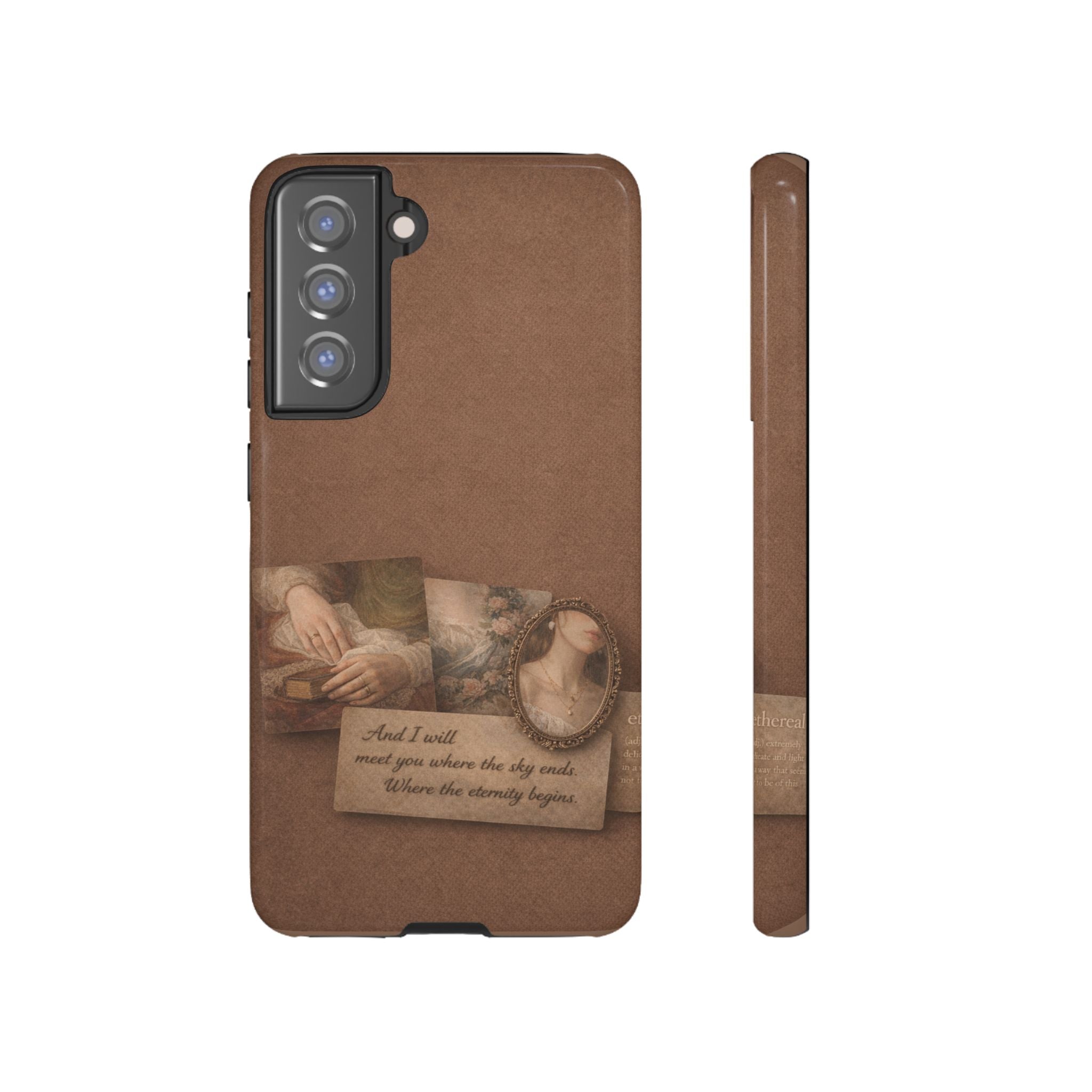 Vintage Brown Phone Case with Romantic Collage — "And I saw you where the sky ends"🌙