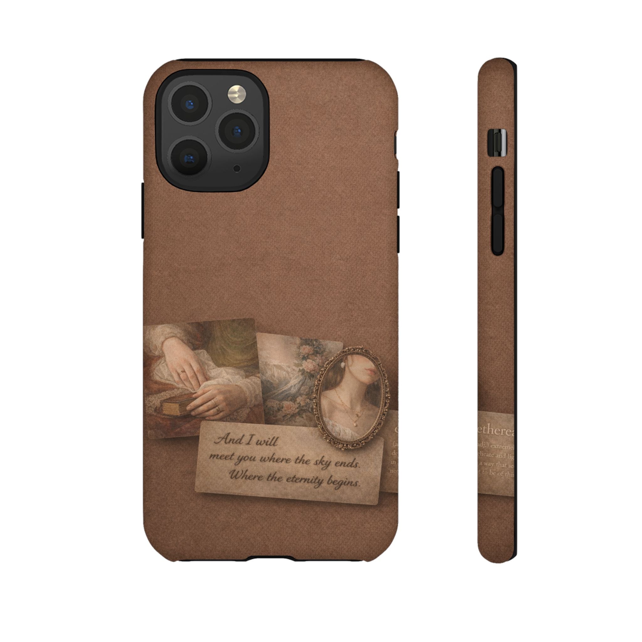 Vintage Brown Phone Case with Romantic Collage — "And I saw you where the sky ends"🌙