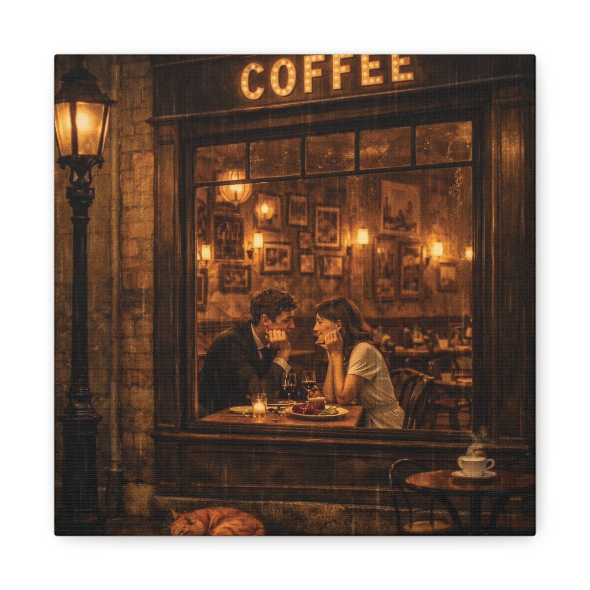 Coffee Shop Romance ☕🌧️ | Vintage Rainy Night Café Canvas Wall Art