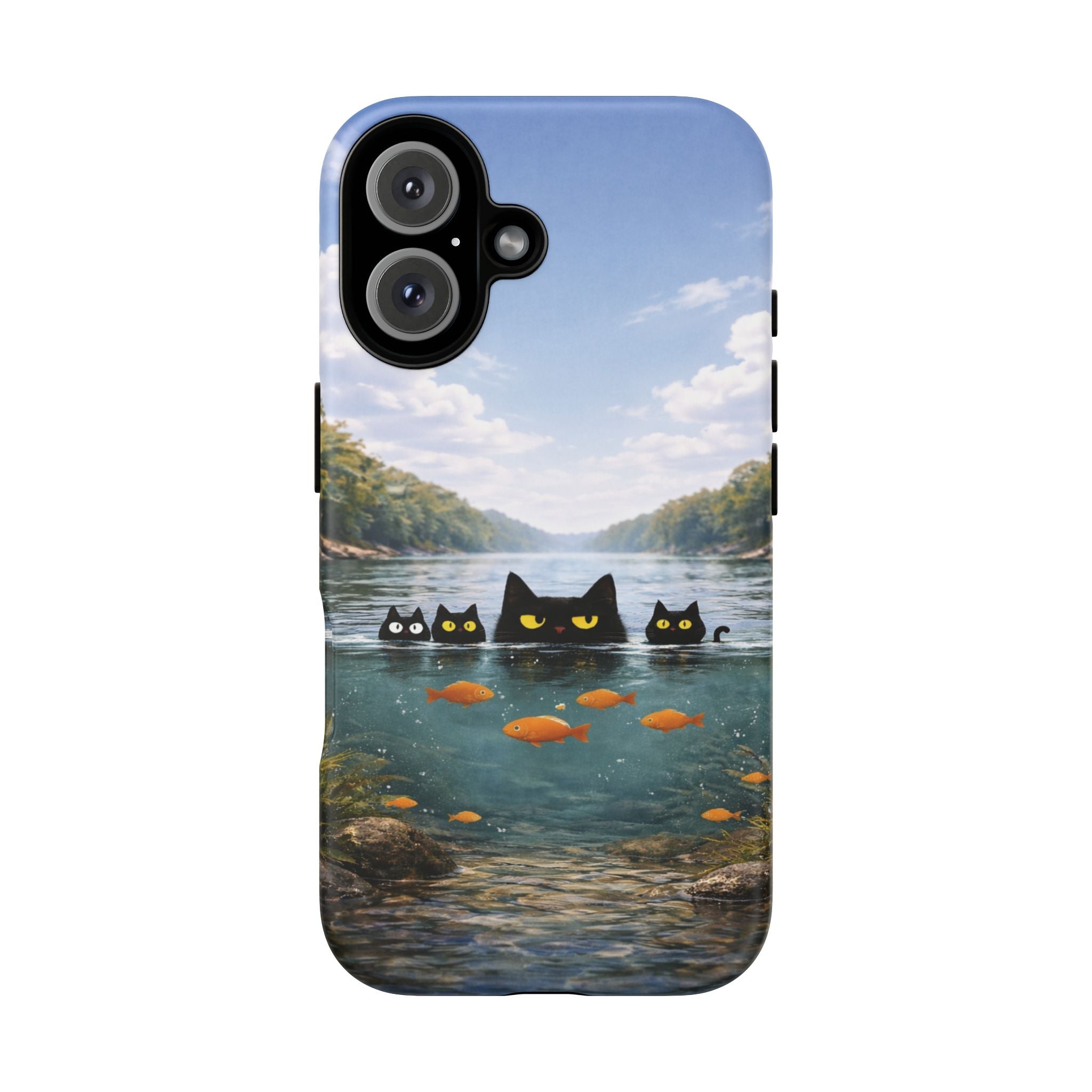 Cat Lake Tough Phone Case — Black Cats & Goldfish Scenic Protective Cover🐶🐾