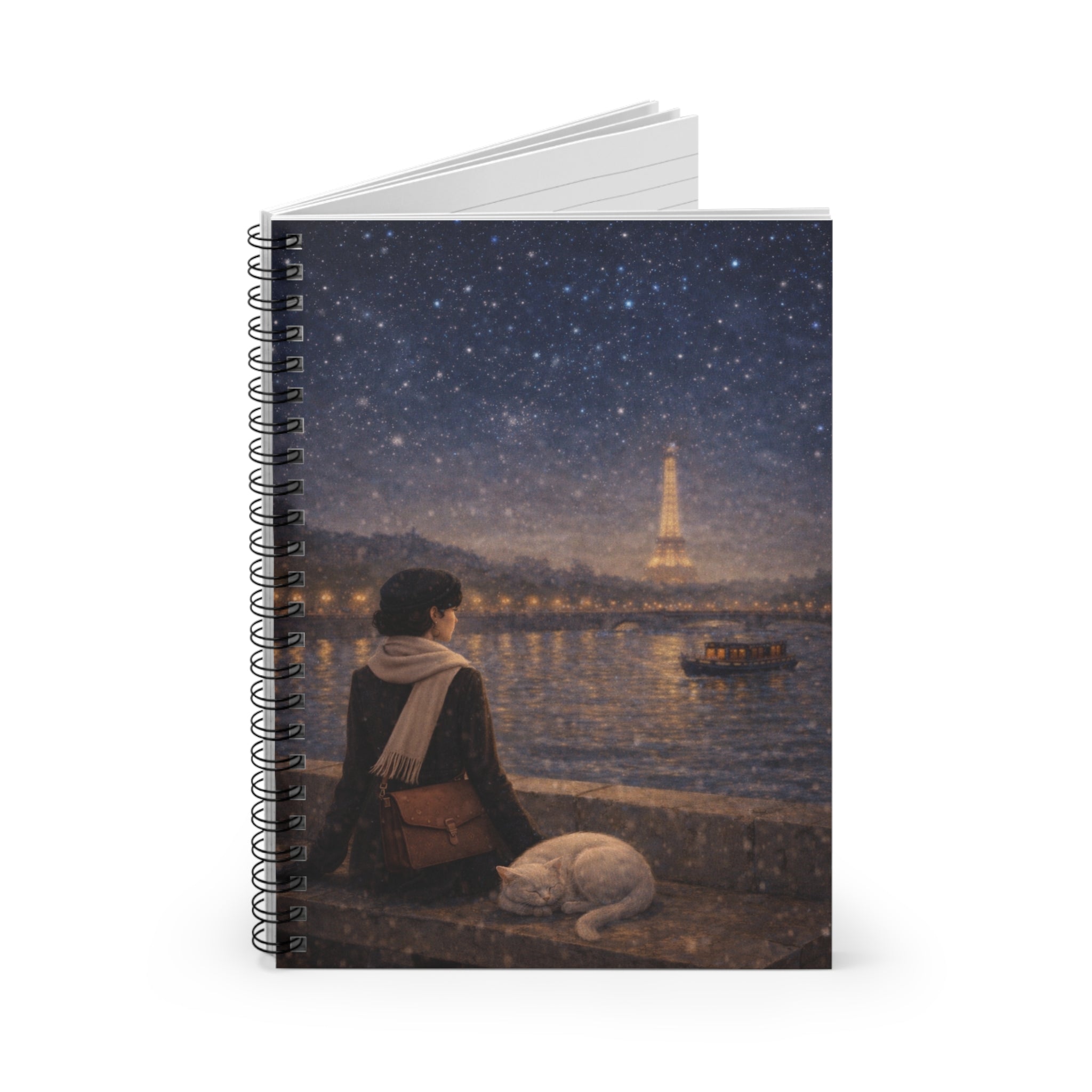 Paris Night Reverie Notebook — Vintage Woman & Cat | Old Money Parisian Journal (Spiral)