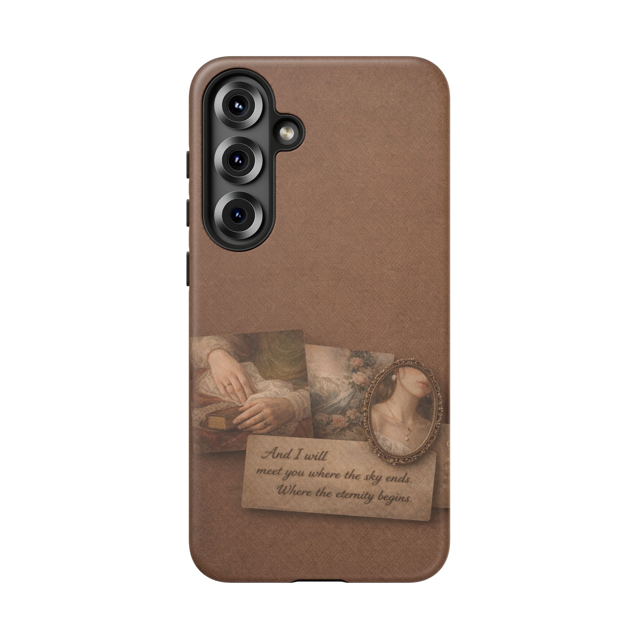 Vintage Brown Phone Case with Romantic Collage — "And I saw you where the sky ends"🌙