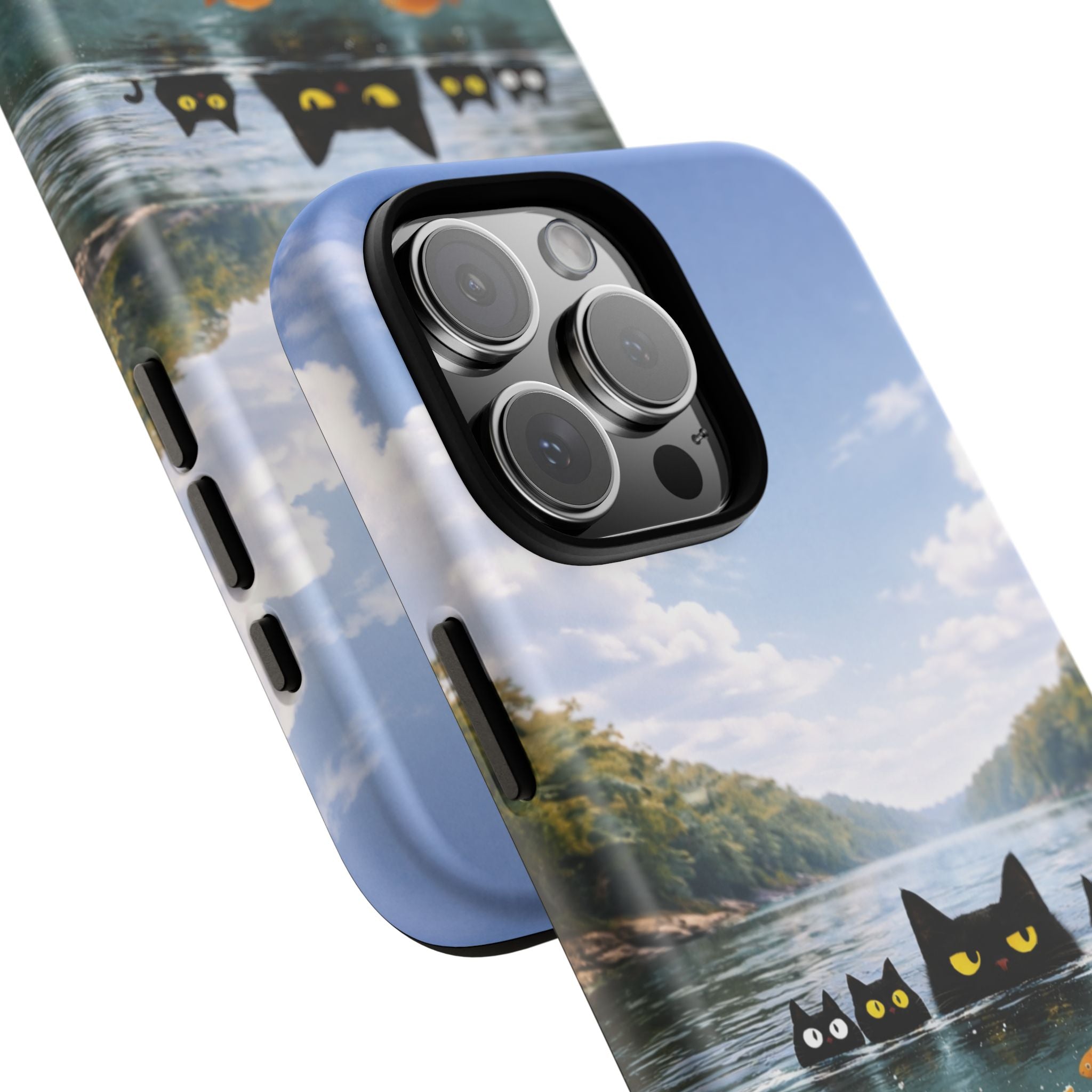 Cat Lake Tough Phone Case — Black Cats & Goldfish Scenic Protective Cover🐶🐾