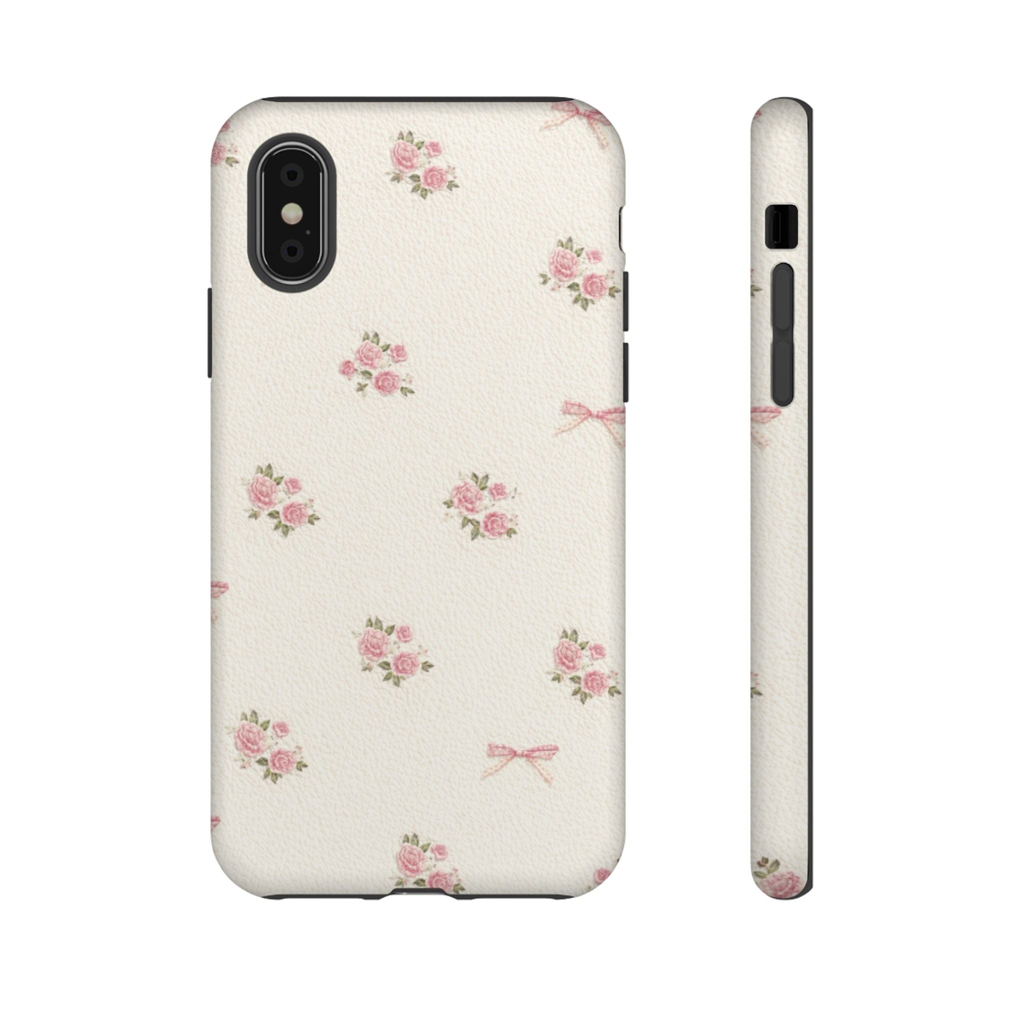 Floral Bow Tough Phone Case — Vintage Pink Rose Pattern🌷🎀