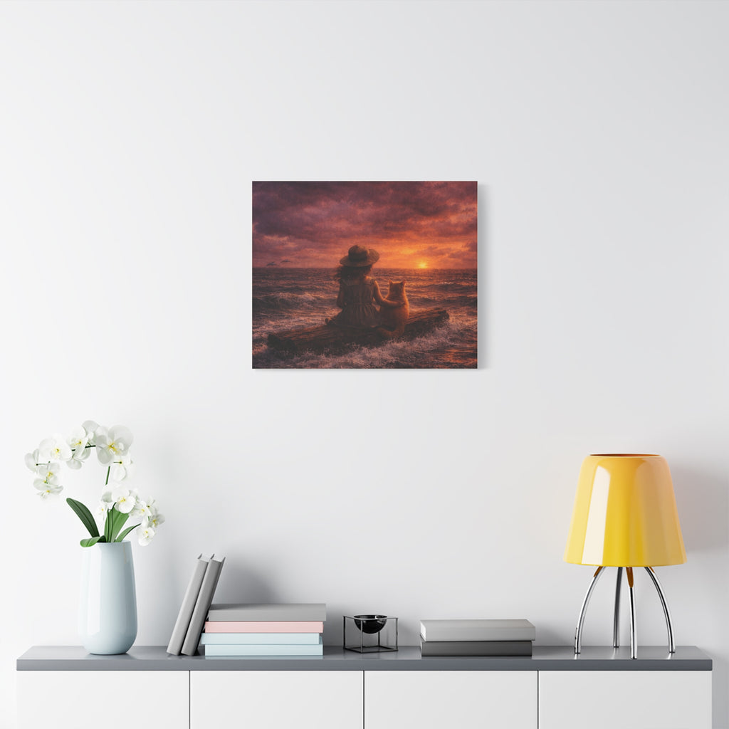 Quiet Companionship at Sunset – Girl & Cat Canvas Wall Art (Matte Stretched) 🌅
