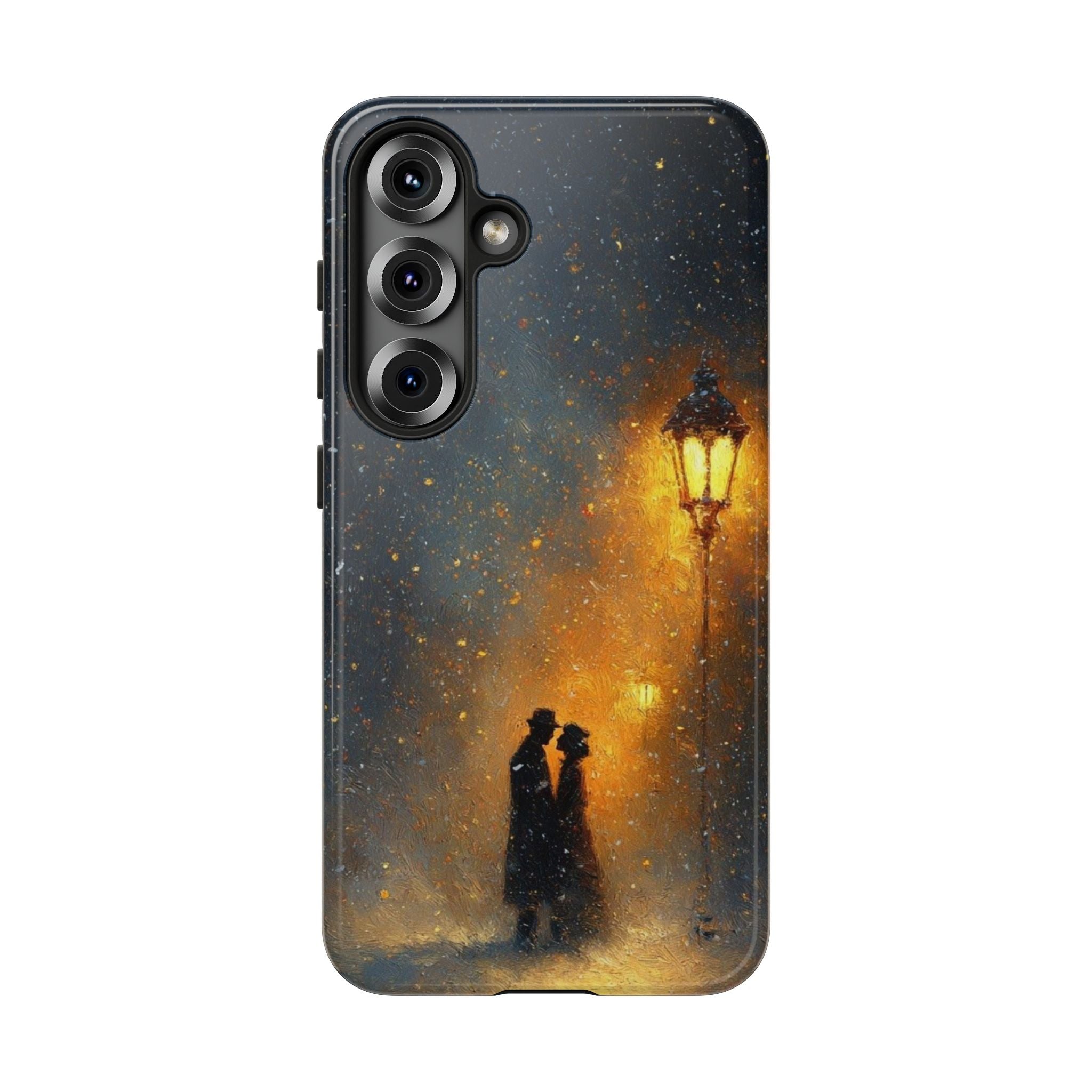 Romantic Snowy Street Phone Case — Vintage Couple Under Lamplight🌓🌙