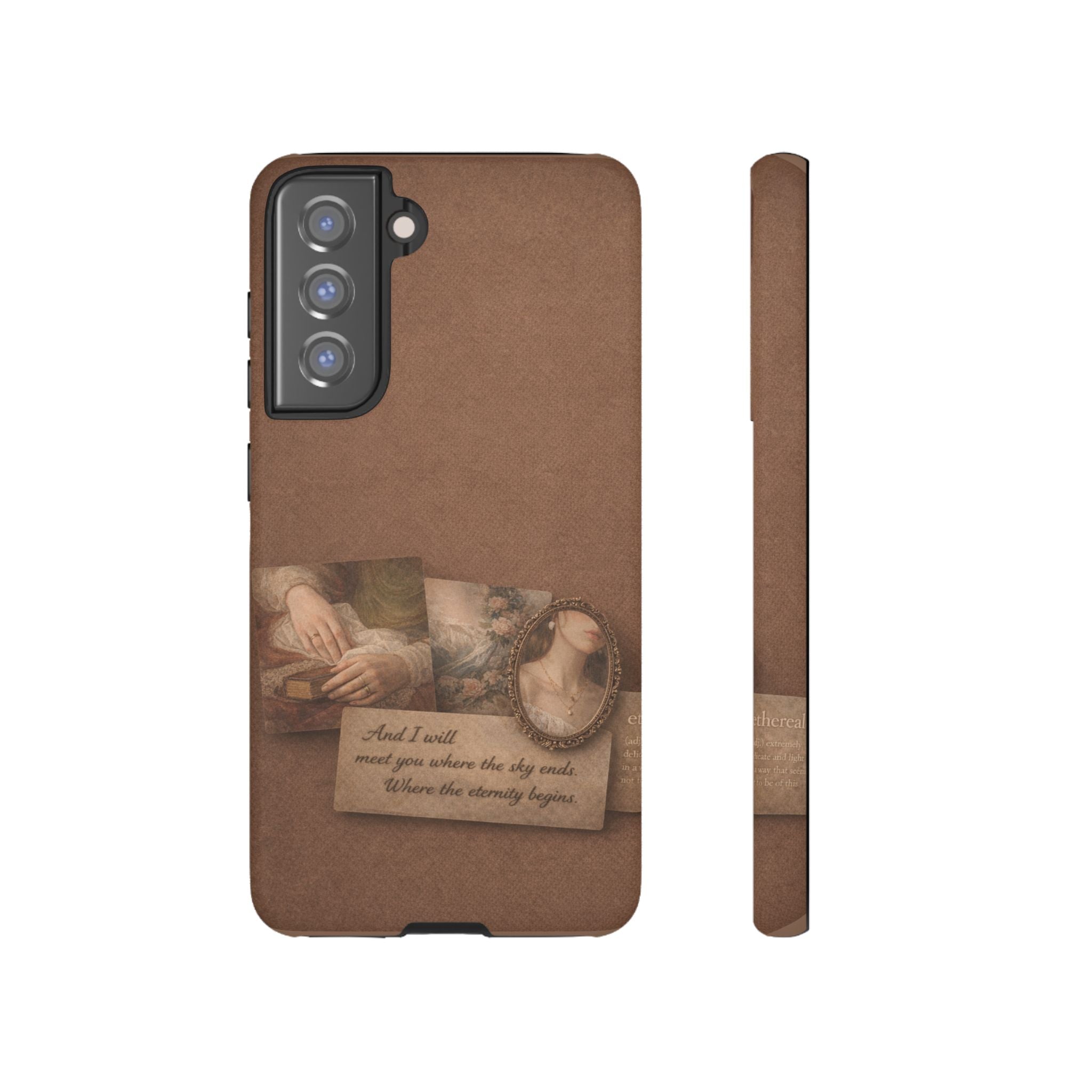 Vintage Brown Phone Case with Romantic Collage — "And I saw you where the sky ends"🌙