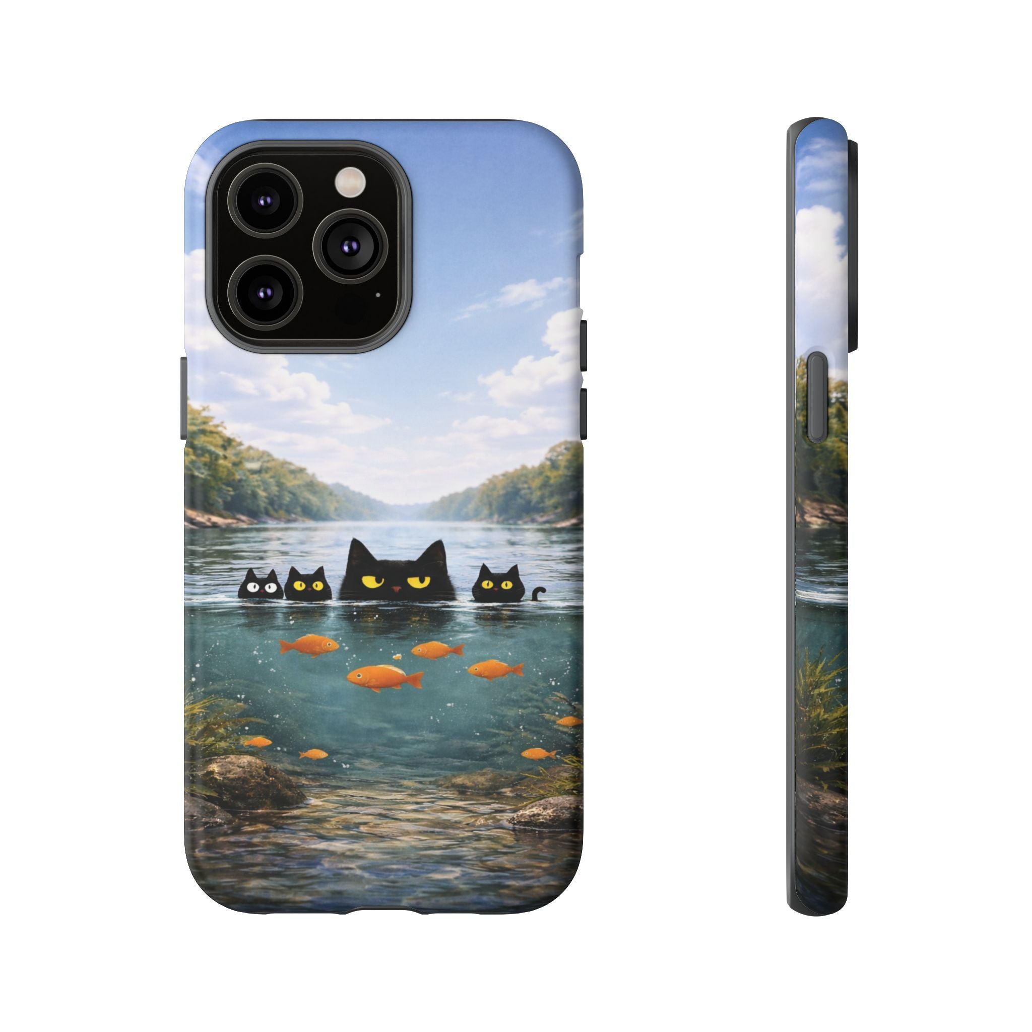 Cat Lake Tough Phone Case — Black Cats & Goldfish Scenic Protective Cover🐶🐾