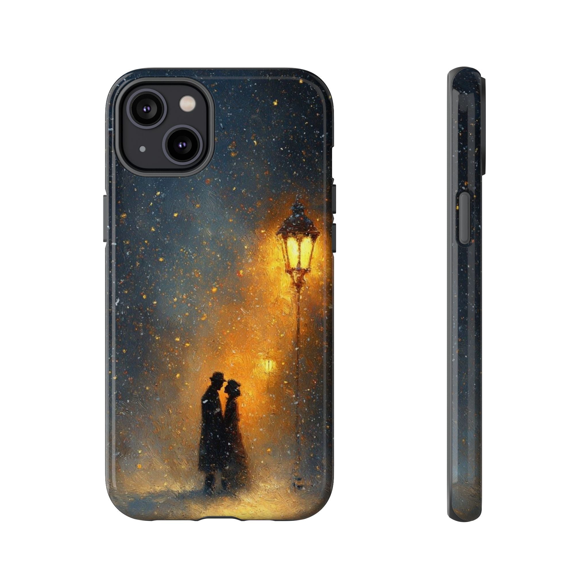Romantic Snowy Street Phone Case — Vintage Couple Under Lamplight🌓🌙