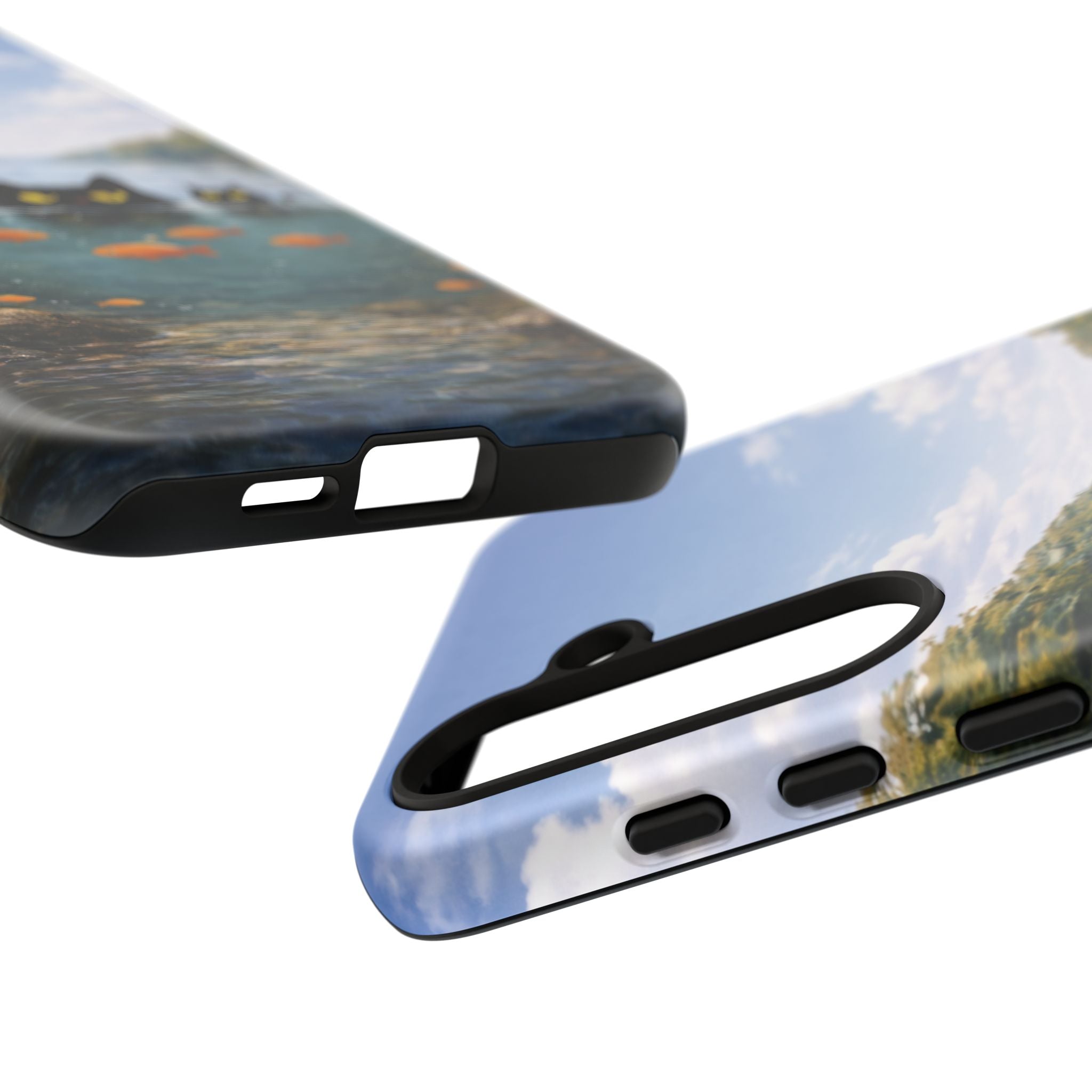 Cat Lake Tough Phone Case — Black Cats & Goldfish Scenic Protective Cover🐶🐾