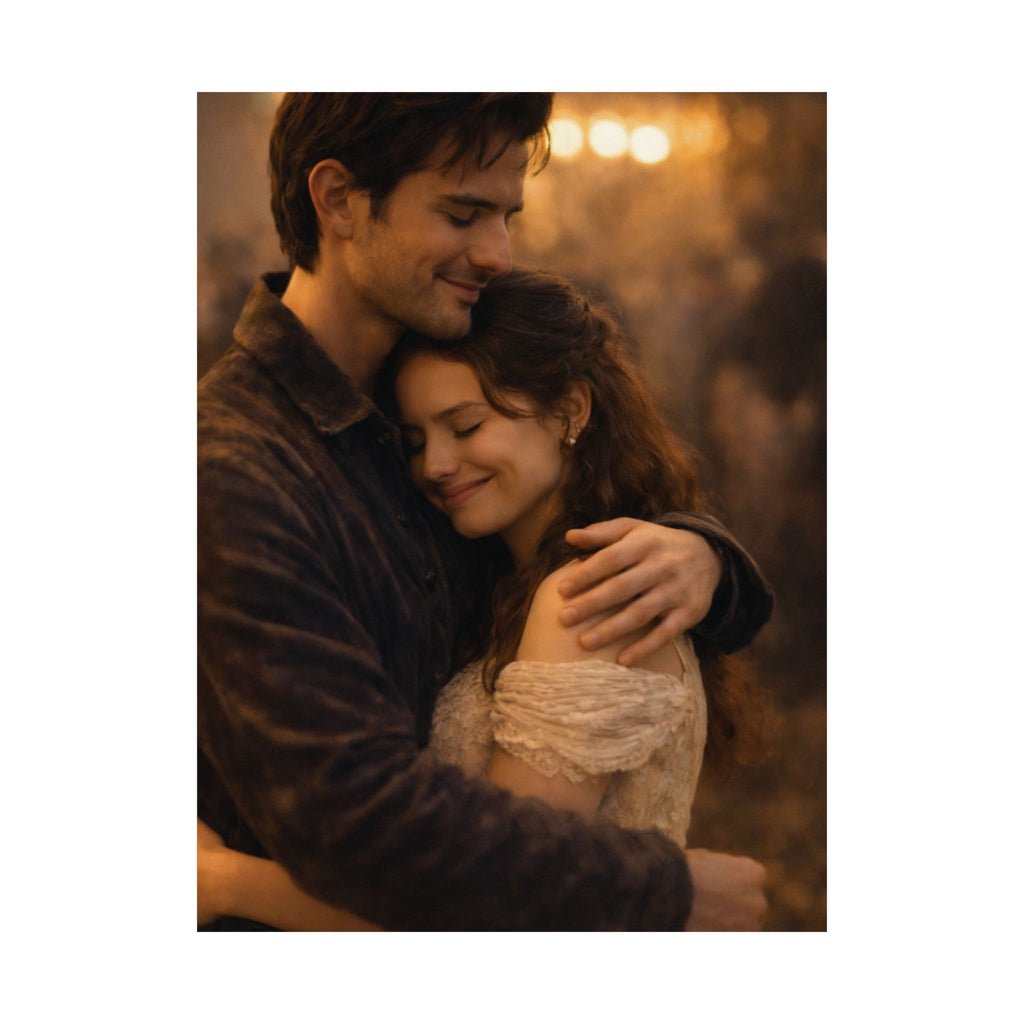 Golden Embrace — Romantic Couple Matte Poster | Warm Cinematic Love Wall Art